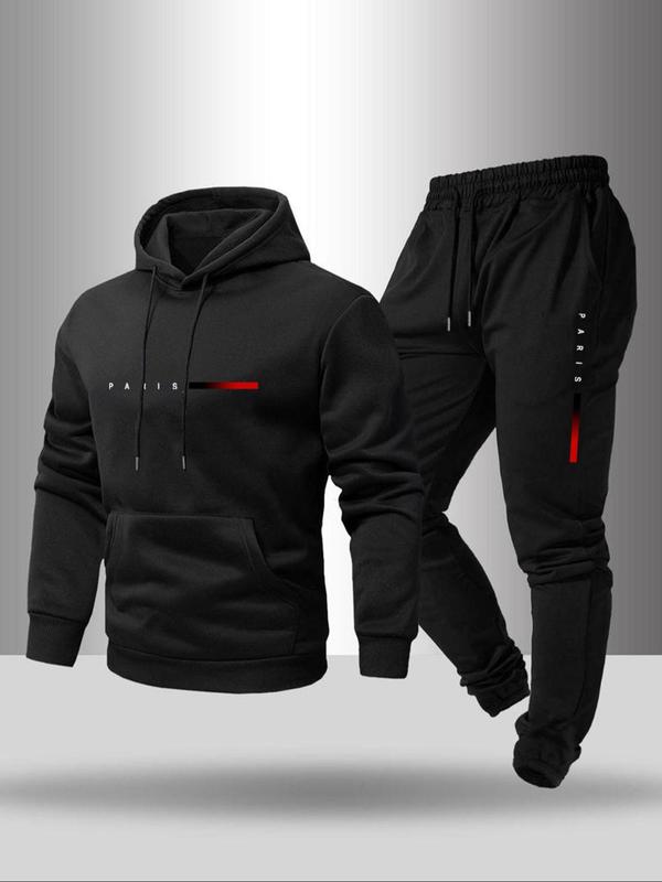 Men's Letter Print Drawstring Hoodie & Pocket Sweatpants Two-piece Set, Casual Long Sleeve Hooded Top & Jogger Pants for Fall & Winter, Men's Two-piece for Daily Wear, Mens Paris Tracksuit, Winter Outfits, 2000s Streetwear Outfits 0