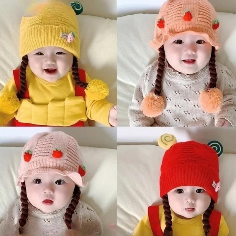 Mũ Trẻ Em Bé Mùa Đông, Dệt Kim, Có Bảo Vệ Tai, Tóc Giả Dễ Thương, Che Em Bé, Giữ Ấm, Chống Gió, Mũ Dày, Dễ Thương 0