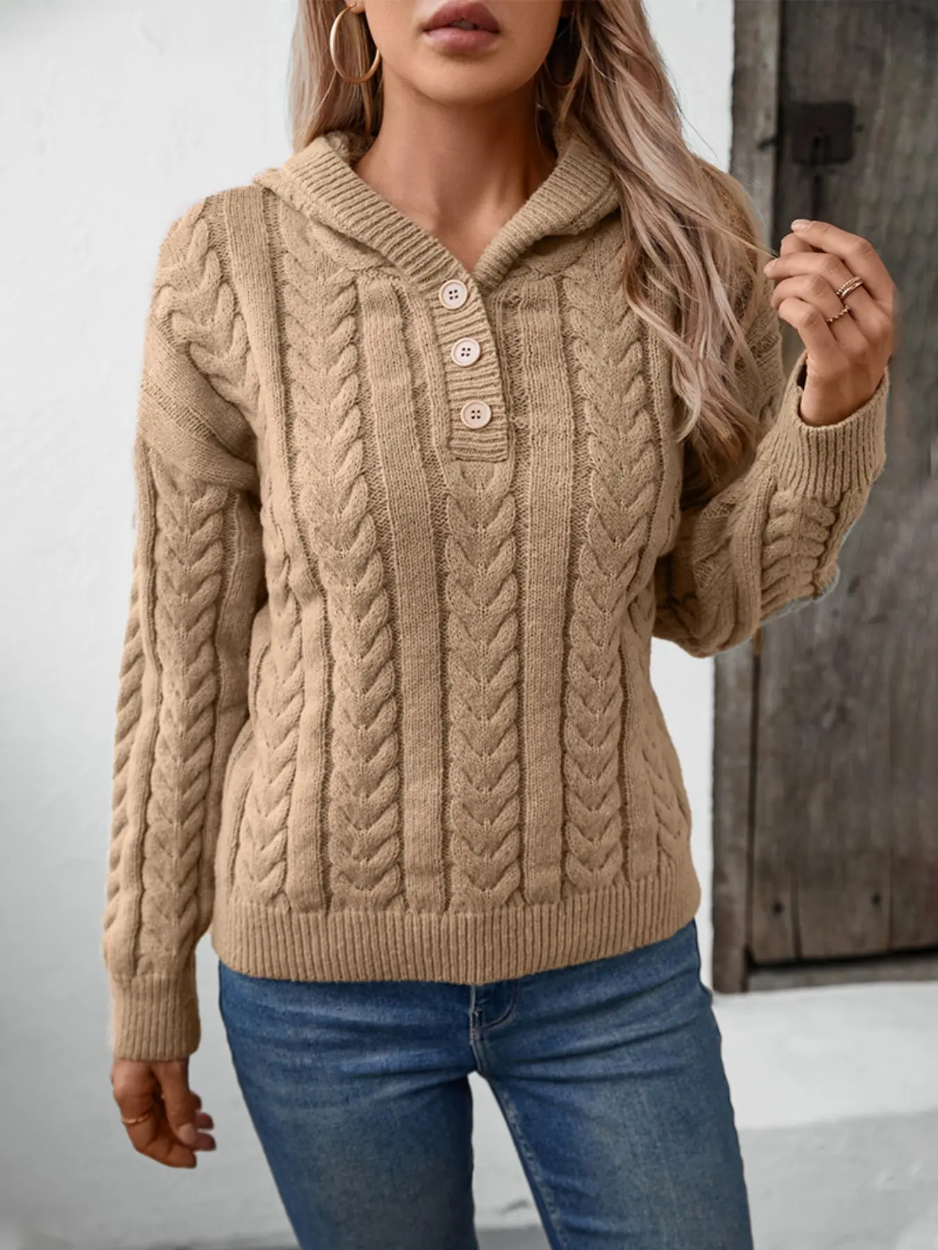 Women's Cable Knit Hooded Sweater, Casual Retro Long Sleeve Hooded Jumper for Fall & Winter, Women's Knitwear for Daily Wear