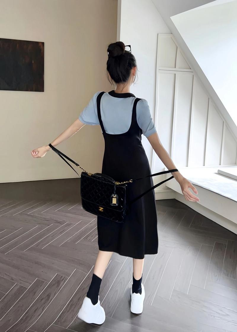 Product Introduction of 2024 Summer New Fashion Simple plus Size Women's Clothing Slim Fake Two Pieces Dress Short Sleeve Mid-Length Black Dress Casual Womenswear 9