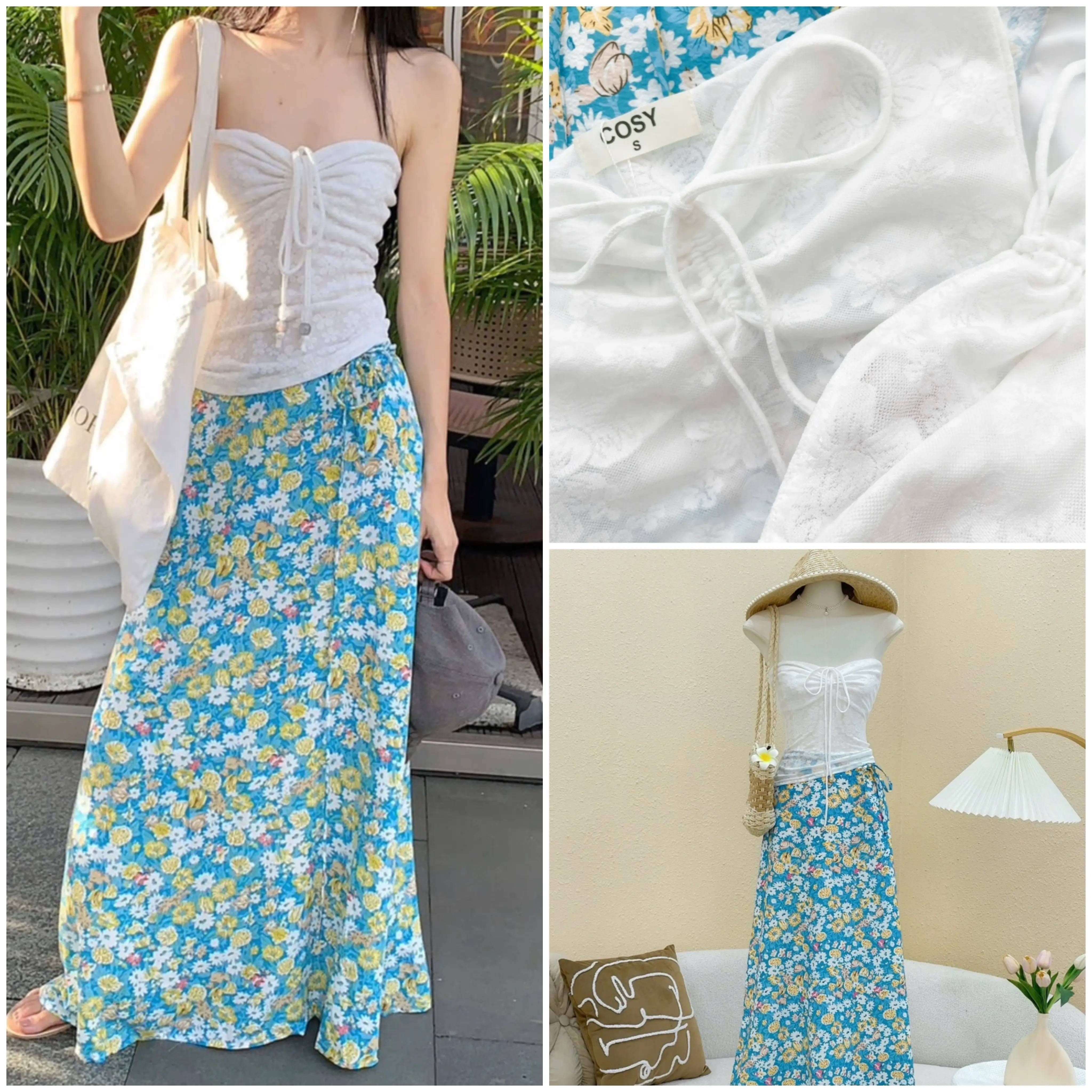 (Hàng may loại 1) Set đồ đi biển 2 món áo cúp ngực rút dây ôm body phối chân váy xanh hoa nhí dáng dài cute dễ thương
