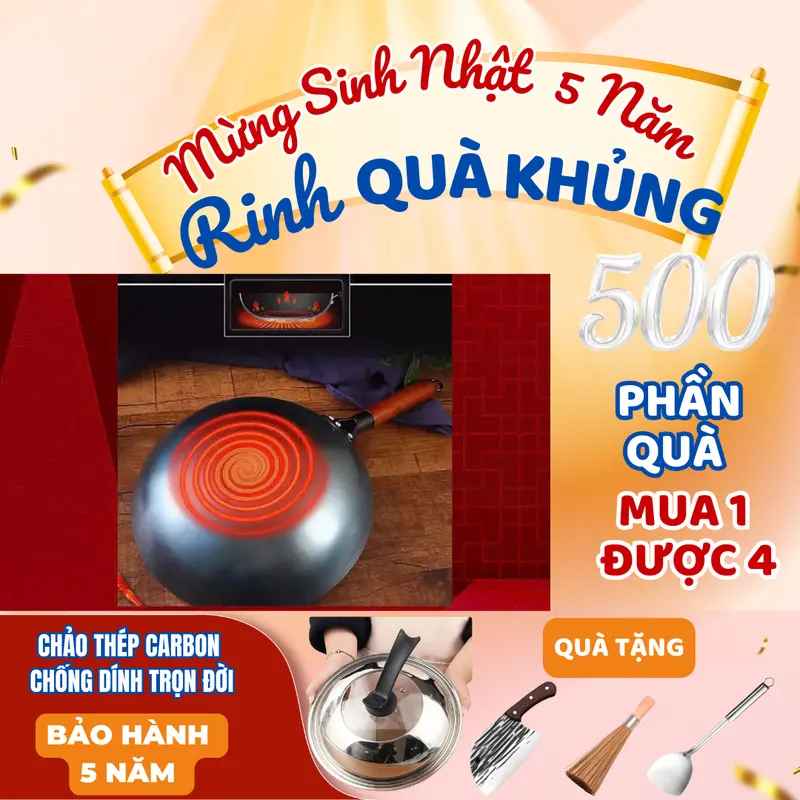 Đáy Tròn Chảo Thép Carbon  32cm Chống Dính - Tặng Dao Chổi Xẻng và Vung.. 3
