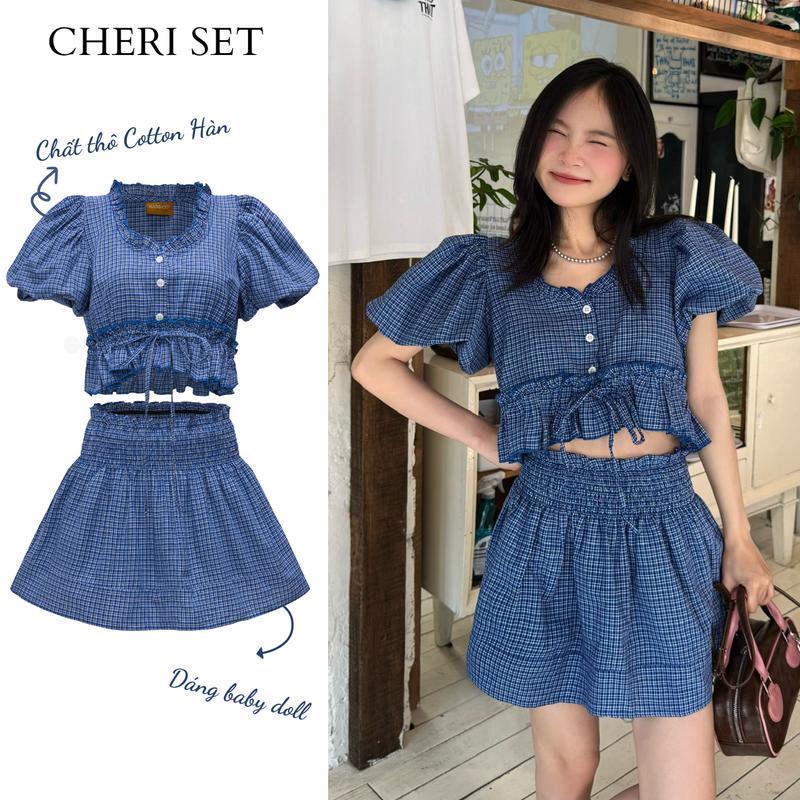  SAND - Sét áo baby doll tay bồng và chân váy smocking thiết kế cổ vuông có dây buộc nơ ở phần eo woman phong cách hàn quốc năng động nữ tính - Cheri Set 