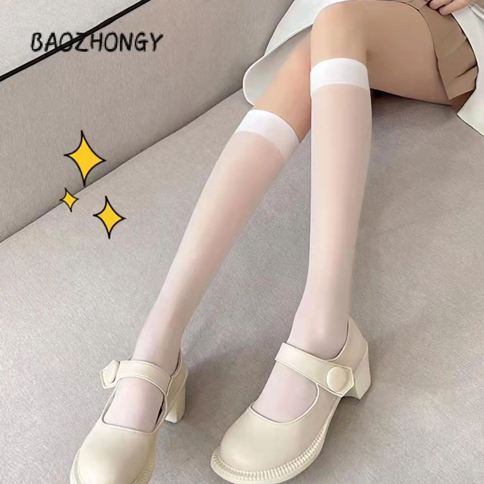 Women's Fashion Sheer Stockings Ladies High Elastic Solid Color Transparent Calf-length Thin Socks