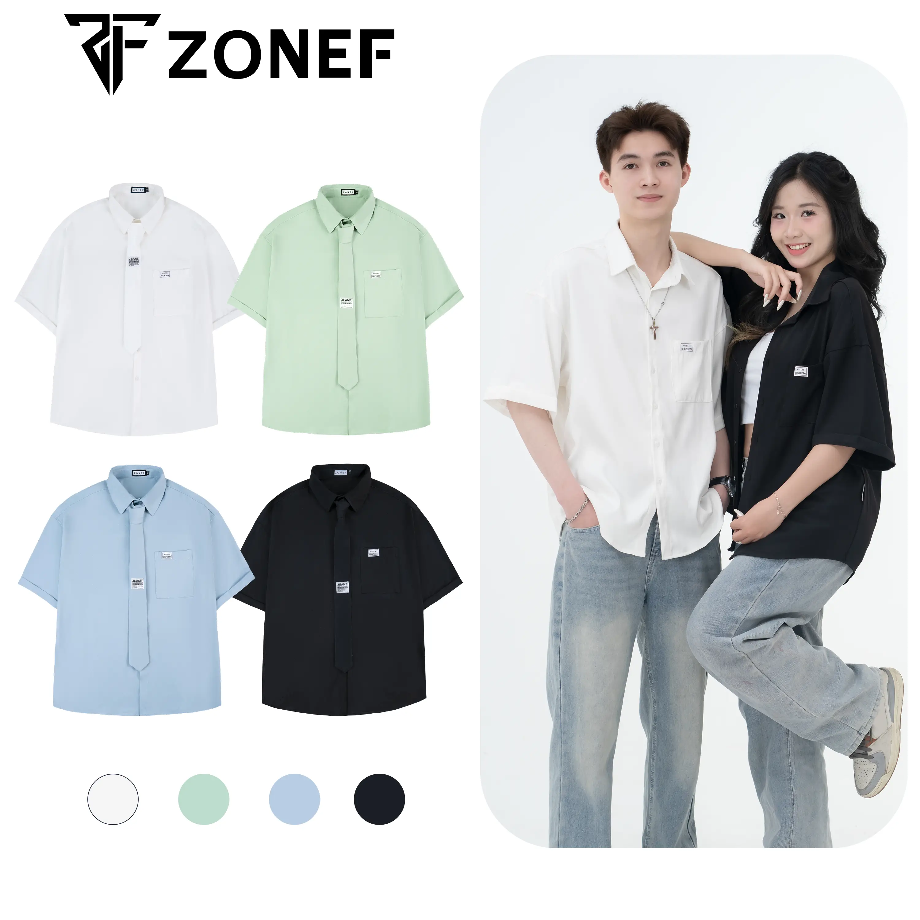Áo Sơ Mi Ngắn Tay Oversize Zonef Studio- Áo Sơ Mi Nam Nữ ( Tặng Kèm Caravat) Vải Chéo Hàn Menswear Kem Shirt Có Cổ Shirt Có Cổ Đen