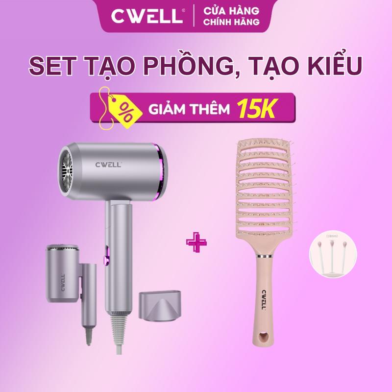 SET TẠO PHỒNG, tạo kiểu CWELL - Gồm máy sấy tóc gập gọn 1800W 2 chiều nóng lạnh & Lược vuông gỡ rối bọc đầu silicon massage - BH 12 THÁNG