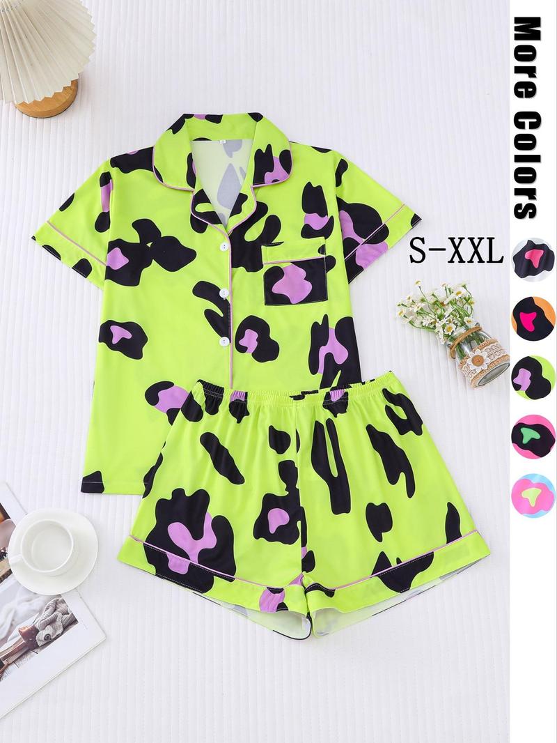 Product Introduction of Two-piece Set Women's All Over Leopard Print Contrast Binding Lapel Shirt & Shorts Pyjama, Casual Comfy Short Sleeve Pocket Top & Shorts Pj Set, Pajamas, Ladies Sleepwear for All Seasons, Pajamas 3