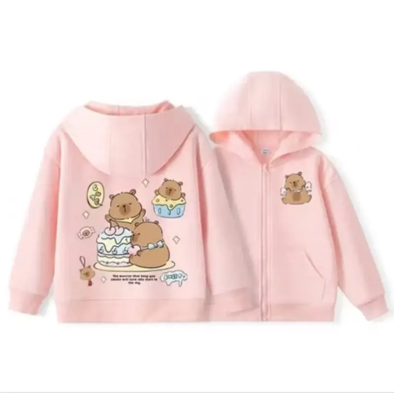 Áo Hoodie phom rộng có khoá kéo và túi cho bé phong cách thời trang Hàn Quốc đơn giản ép hình Bánh Sinh Nhật Capybara