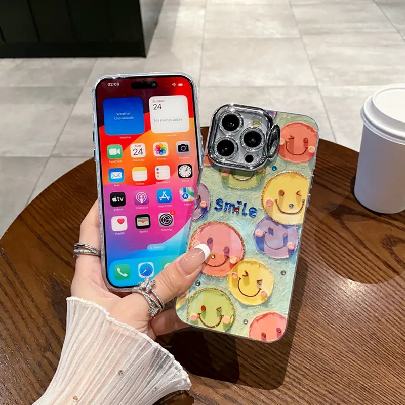Mẫu mới cho iPhone 15Pro Max 14Plus 13Pro 12Pro Max iPhone11, ốp điện thoại Xanh Biển di động, sơn nhẹ, mặt cười đầy màu sắc dễ thương, khung lỗ mịn, vỏ bảo vệ chống va đập, vỏ IMD chống trượt 8
