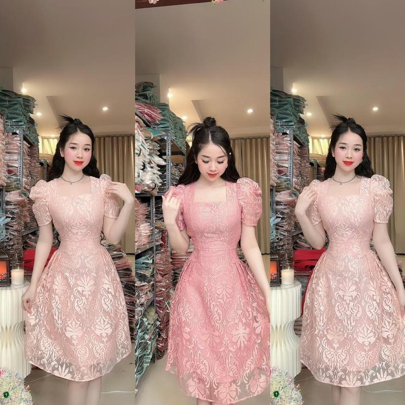 (V87) Đầm ren xòe thiết kế tay bồng nhẹ đầm đi dự đám cưới váy đi tiệc đi làm đi chơi by Thương Lê V87