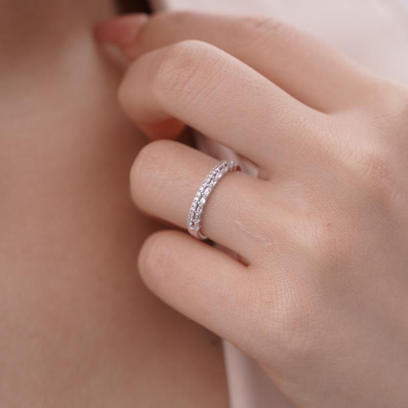 Nhẫn Eternity bạc mạ vàng 18K, đính hai hàng đá tấm, phong cách nhẹ nhàng, tinh tế - Size lựa chọn - Bemiie Silver 8