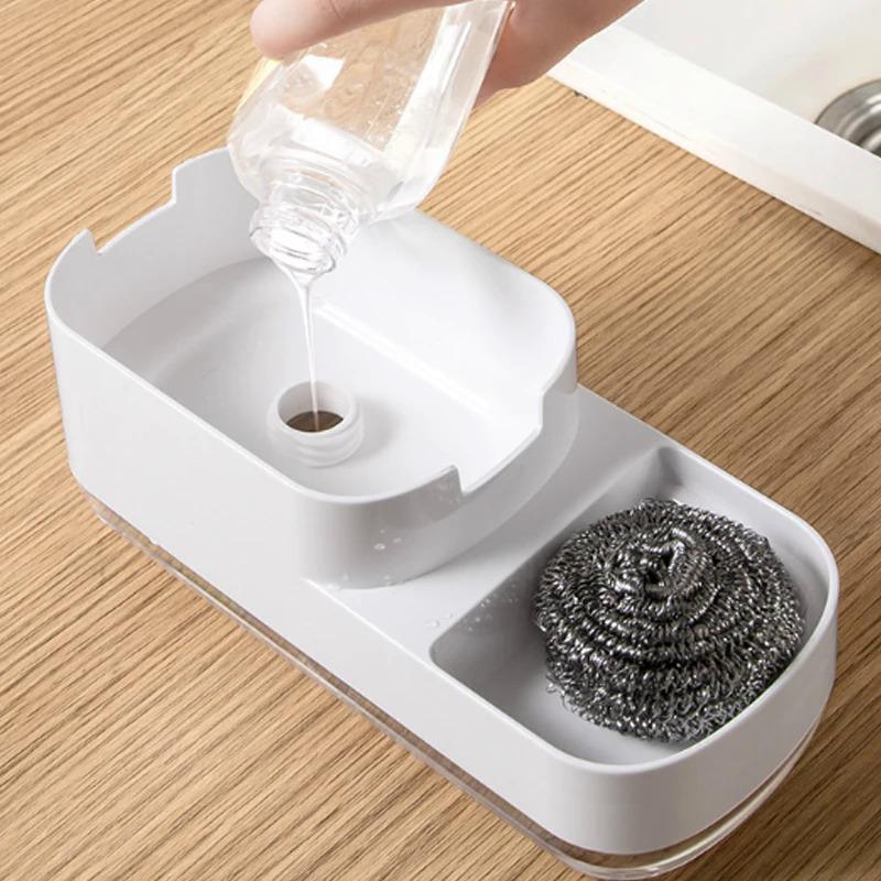 Product Introduction of 1 pcs boxes and 1 pcs sponges Dish Soap Dispenser Cleaning Sponge Holder Press Type Manual Soap Box  Dishwashing Liquid Dispenser Storage Box Kitchen Gadgets 18