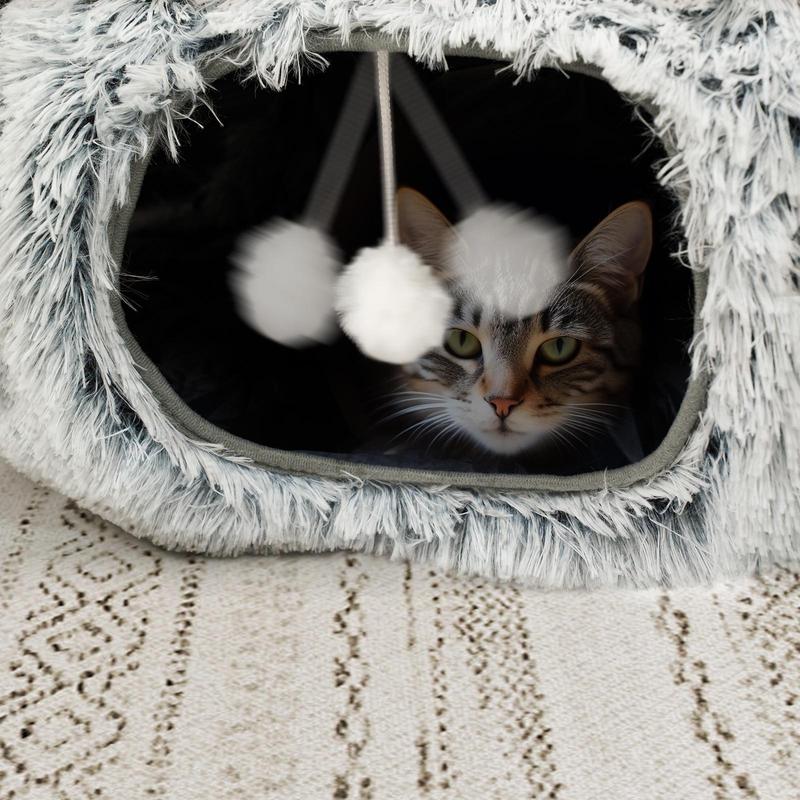 Winter Warm Pet Bed, 2 in 1 Foldable Cat Tunnel Cat Bed, Warm Plush Cat Bed with Hanging Ball & Tunnel Buckle, Pet Supplies for Kitty Indoor Outdoor Use, Cat Beds for Indoor Cats 3