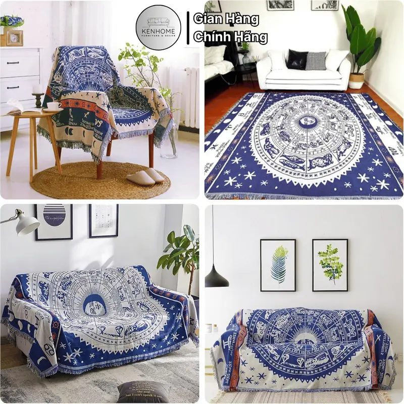 Khăn Trải Sofa Họa Tiết 2 Mặt, Thảm Trải Bàn Phối Ren Tua Rua, Thảm Picnic Phong Cách Bắc Âu Màu Sang Trọng, KENHOME 1