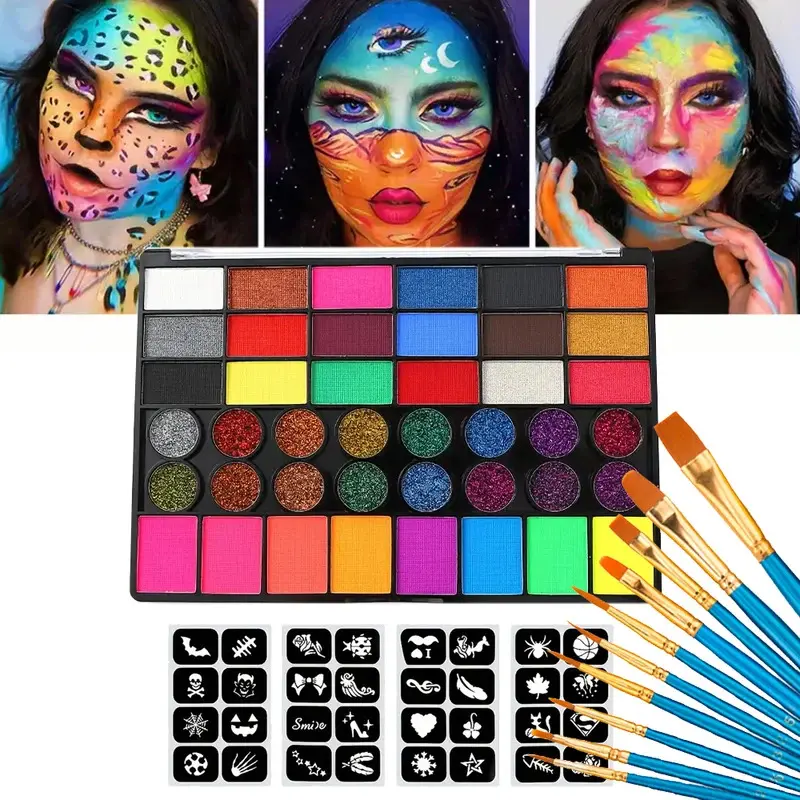 42 Colors Water Soluble Face Body Painting Set UV Neon Glitter Face Paint Art Halloween and Christmas Party Body Paint Makeup Gift Lightweight Gift Lightweight