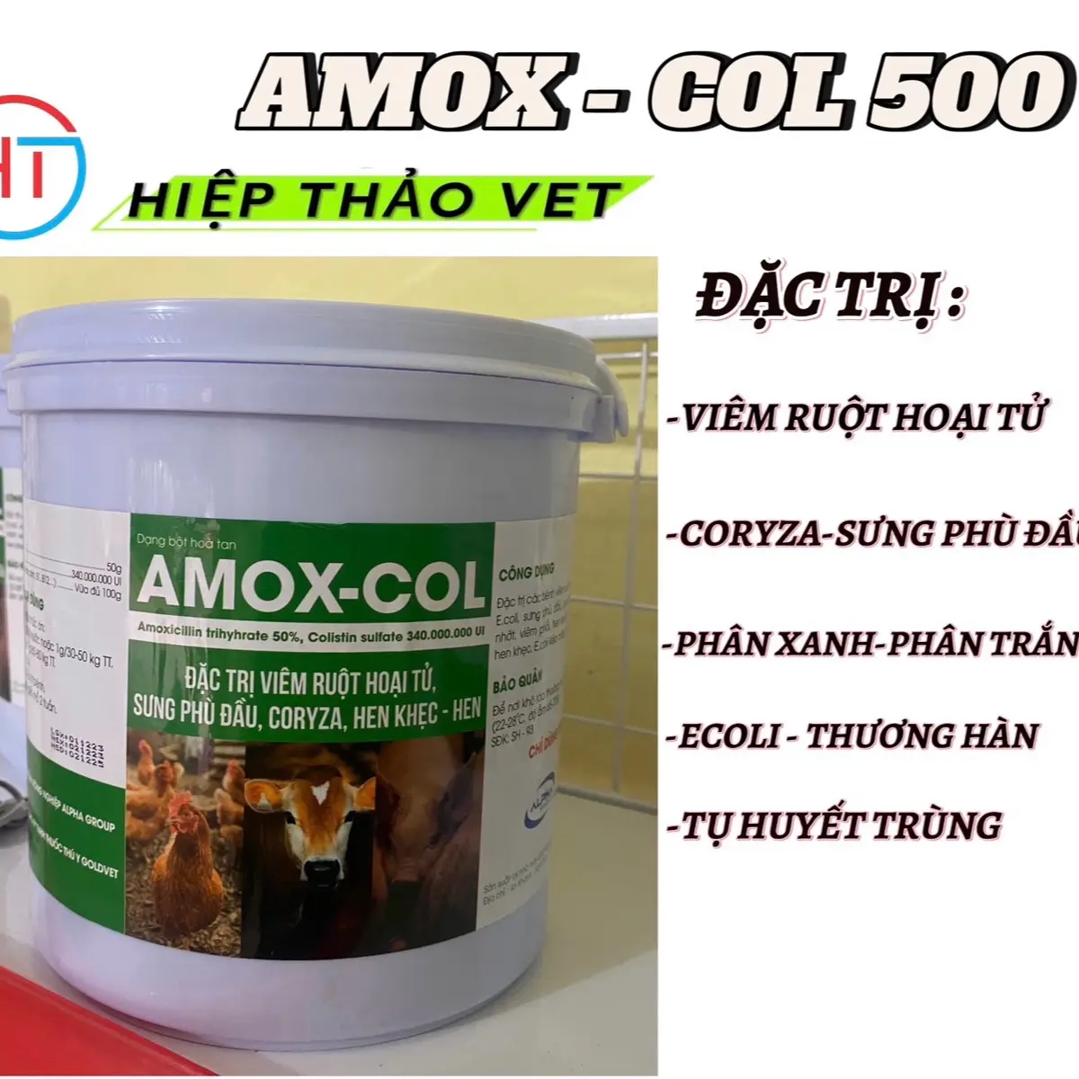 Amox-Colis 1kg đặc trị viêm ruột hoại tử, phân xanh phân trắng, coryza sưng phù đầu, tụ huyết trùng