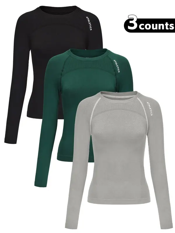 Women's Letter Print Baselayer Top, Long Sleeve Round Neck Compression Top for Yoga Gym Workout, Going Out Tops, Ladies Sportswear for Fall & Winter, Gym Wear, Workout Clothes Women, Athletic Style Activewear 4