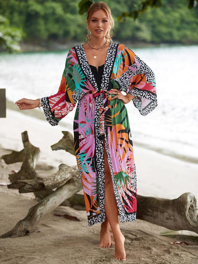 Product Introduction of Women's Boho Plants Print Kimono Sleeve Belted Kimono Coat, Summer Clothes Women, All Over Print Long Sleeve Cover Up for Women, Ladies Clothes for Summer Beach Vacation, Clothing 18
