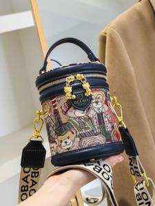 ファッションカートゥーンベア柄バケットバッグ、トップハンドル付きシリンダー型ウォレット、ミニダブルジッパーショルダーバッグ