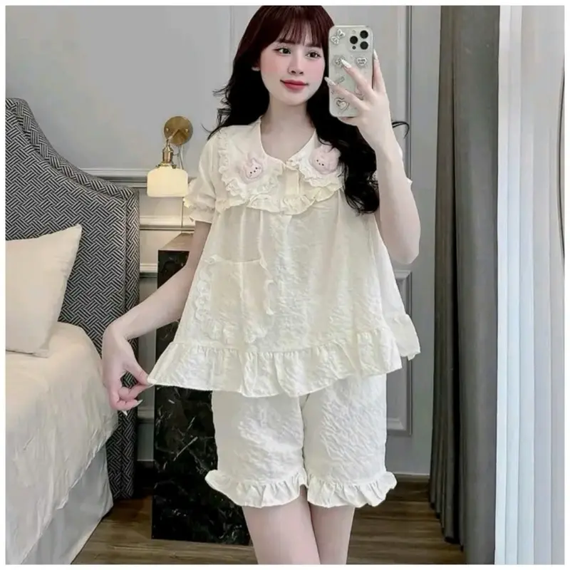 (Màu Pastel) Bộ Ngủ Nữ, Bộ Pijama Mặc Nhà Nữ Chất Đũi Gạo Nhiều Màu Mịn Mềm, Thấm Hút Tốt, Áo Ngủ Phối Ren Tiểu Thư Quần Ngủ Freesize Women Nhung Voi Kem Tim Nho đũi  xốp 1