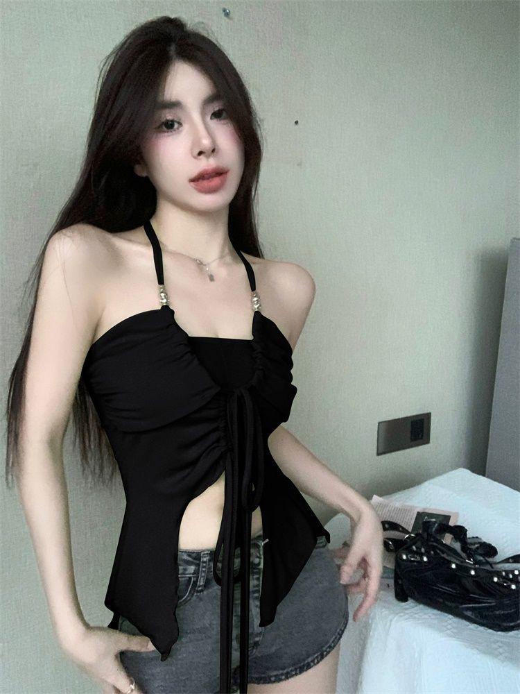 Product Introduction of Áo Ống Bất Đối Xứng Buộc Dây Cổ Yếm Màu Xanh Lá Cây,Dáng Ôm, Áo Hai Dây Sang Trọng，Đen xanh lá cây hai màu，áo quây，áo hai dây sang chảnh 11