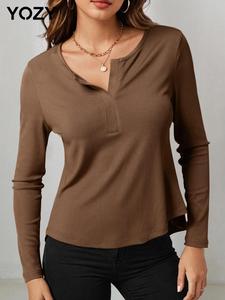 YOZY Women's Plain Notched Neck Tee, Casual Long Sleeve T-shirt for Daily Wear, Ladies Clothes for All Seasons