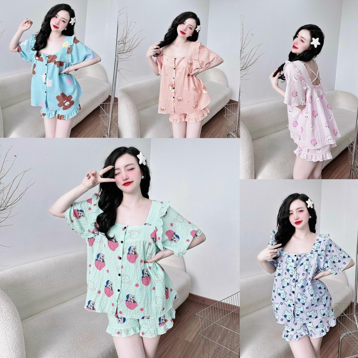 Đồ Bộ - Đồ Ngủ Đùi Vải Đũi Xốp Cổ Vuông Pijama Bigsize 50-100kg Nữ Áo Ngủ - A.5007