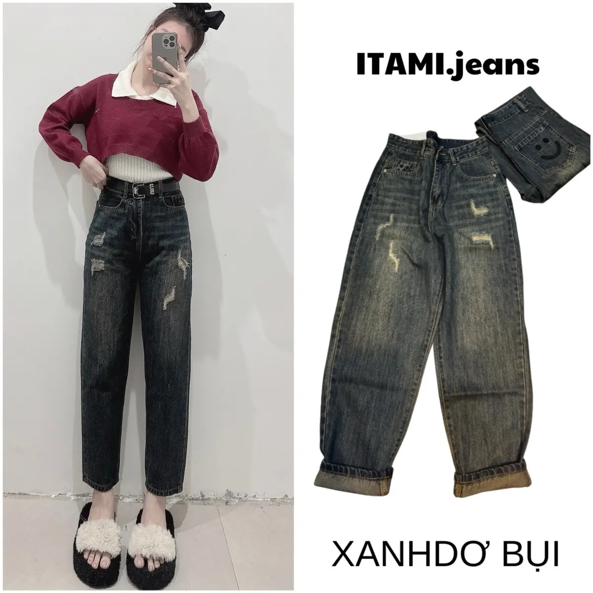 {MẶC CƯỜI} QUẦN BAGGY HÀNG QC LƯNG CAO,KHÔNG CO GIÃN ,THÊU MẶT CƯỜI,DÀY MỀM