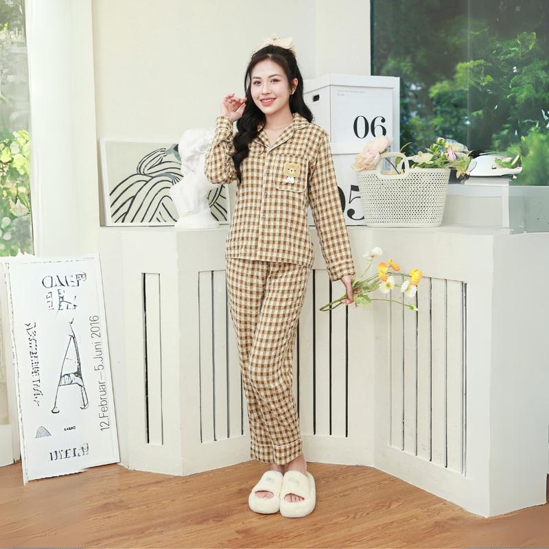 Đồ Ngủ Nữ, Đồ Bộ Mặc Nhà PIJAMA Tay dài Kẻ caro chất Vải gân Nhung Mềm Mịn