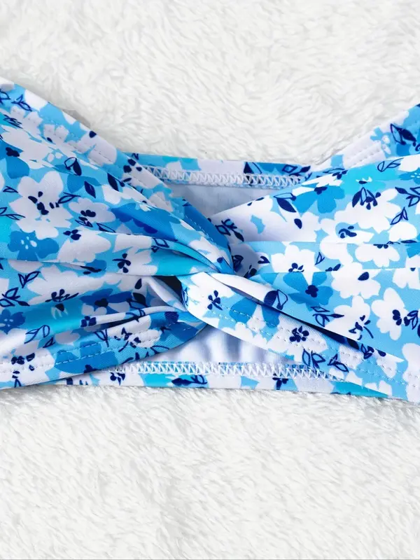 Two-Piece Sem Women's Ditsy Floral Print Twist Front Bikini Set, Casual Bandeau Swim Bra & High Cut Swim Panty, Fashion Chic Swimwear Set for Beach Holiday Vacation 4