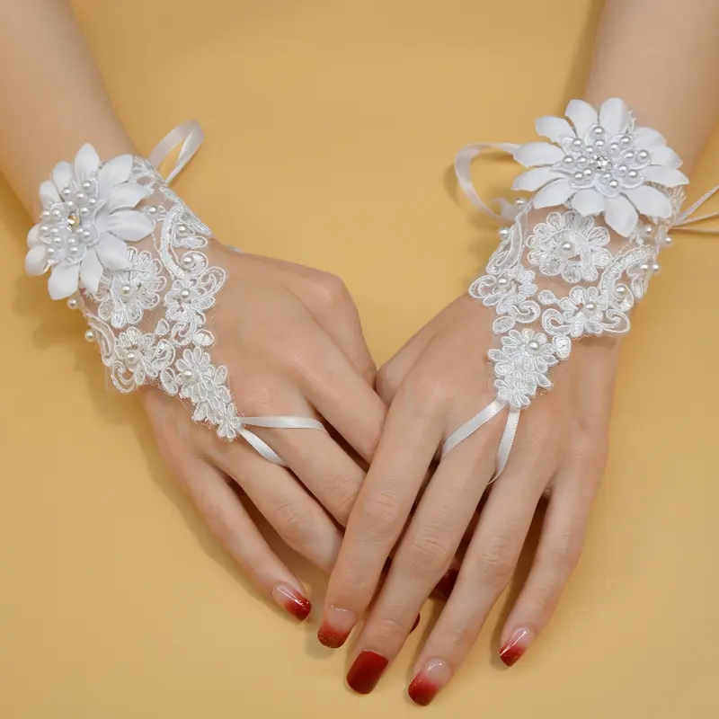 3pcs Romantic Pearl & Lace Bridal Gloves - Adjustable Hook Finger Design with Elegant Floral Patterns, Ideal for Weddings Valentine's Day Gift Girlfriend or Bride, Bridesmaid Gifts 4
