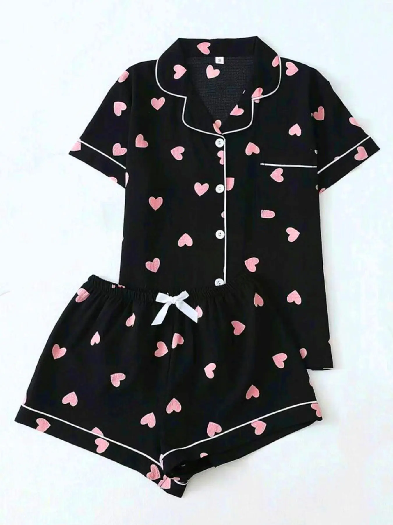 Women's Heart Print Short Sleeve Shirt & Elastic Waist Shorts Pyjama Two-piece Set, Casual Comfy Top & Shorts Pj Set, Ladies Sleepwear for All Seasons, Pajamas