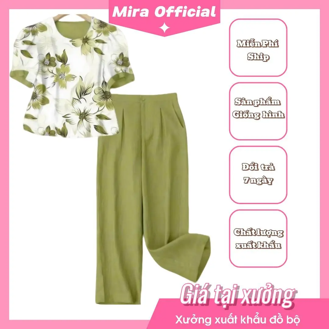 LN30- Đồ bộ linen cao cấp dài tay có viền, thiết kế sang trọng Trang Nhã mặc ở nhà đi chơi đi làm đều hợp dobo tay Nữ Áo Kem Voi