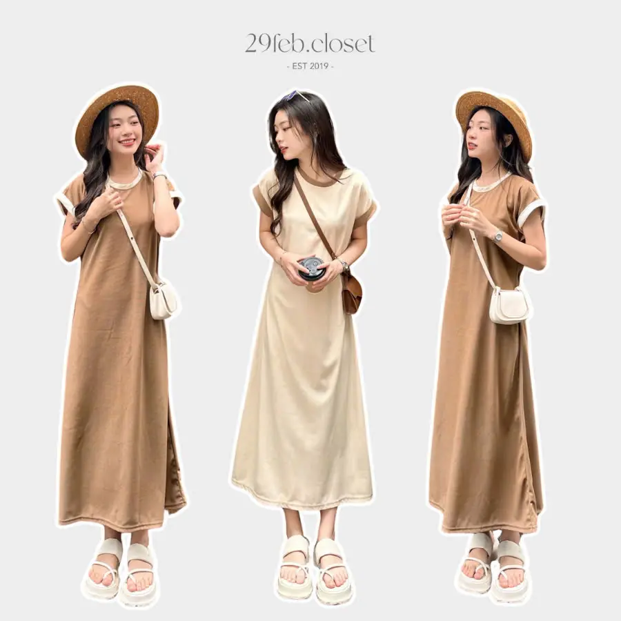 Váy tay hến chất tổ ong phối viền dáng dài xòe nhẹ - 29feb.closet - V70 Nữ Dress