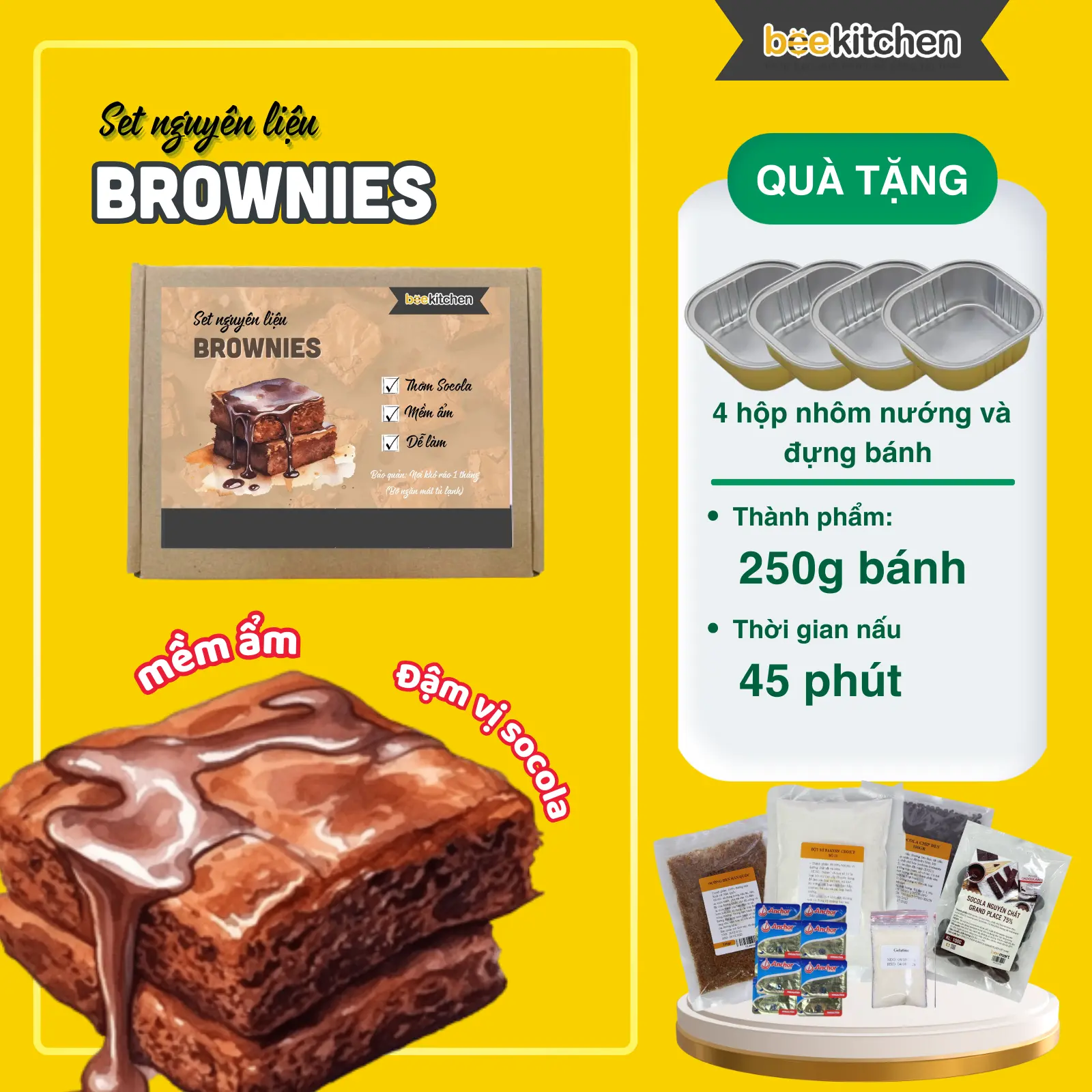 Set làm bánh Brownies Chocolate nhà Bee  | thành phẩm 250g bánh | tặng kèm khay nướng bánh tiện lợi Sô Cô La