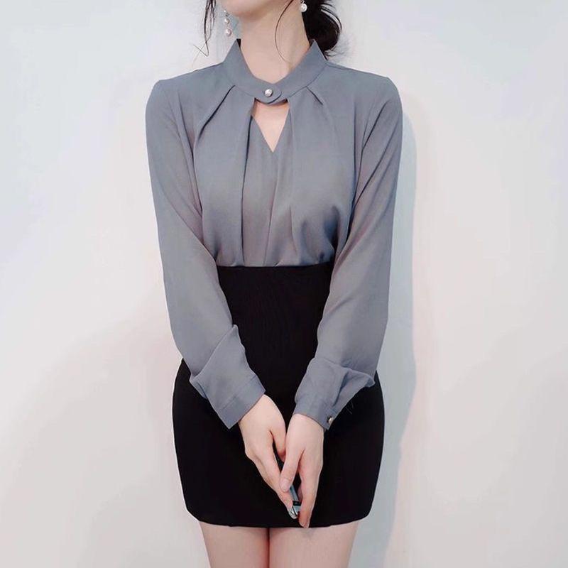 Áo Sơ Mi Dài Tay Màu Trơn Cho Nữ, Áo Sơ Mi Đế Gợi Cảm Mới, Áo Sơ Mi Nhỏ, Áo Trượt Trên Đầu, Khăn Quàng Cổ Thanh Lịch 1