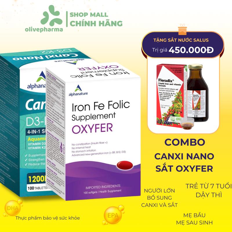 [TẶNG NƯỚC SẮT SALUS] - Combo Viên uống Vitamin bổ sung sắt Iron Fe Folic Supplement OXYFER Úc  + Canxi hữu cơ Tảo biển hỗ trợ cung cấp Sắt và Canxi cho người lớn, mẹ bầu, mẹ sau sinh