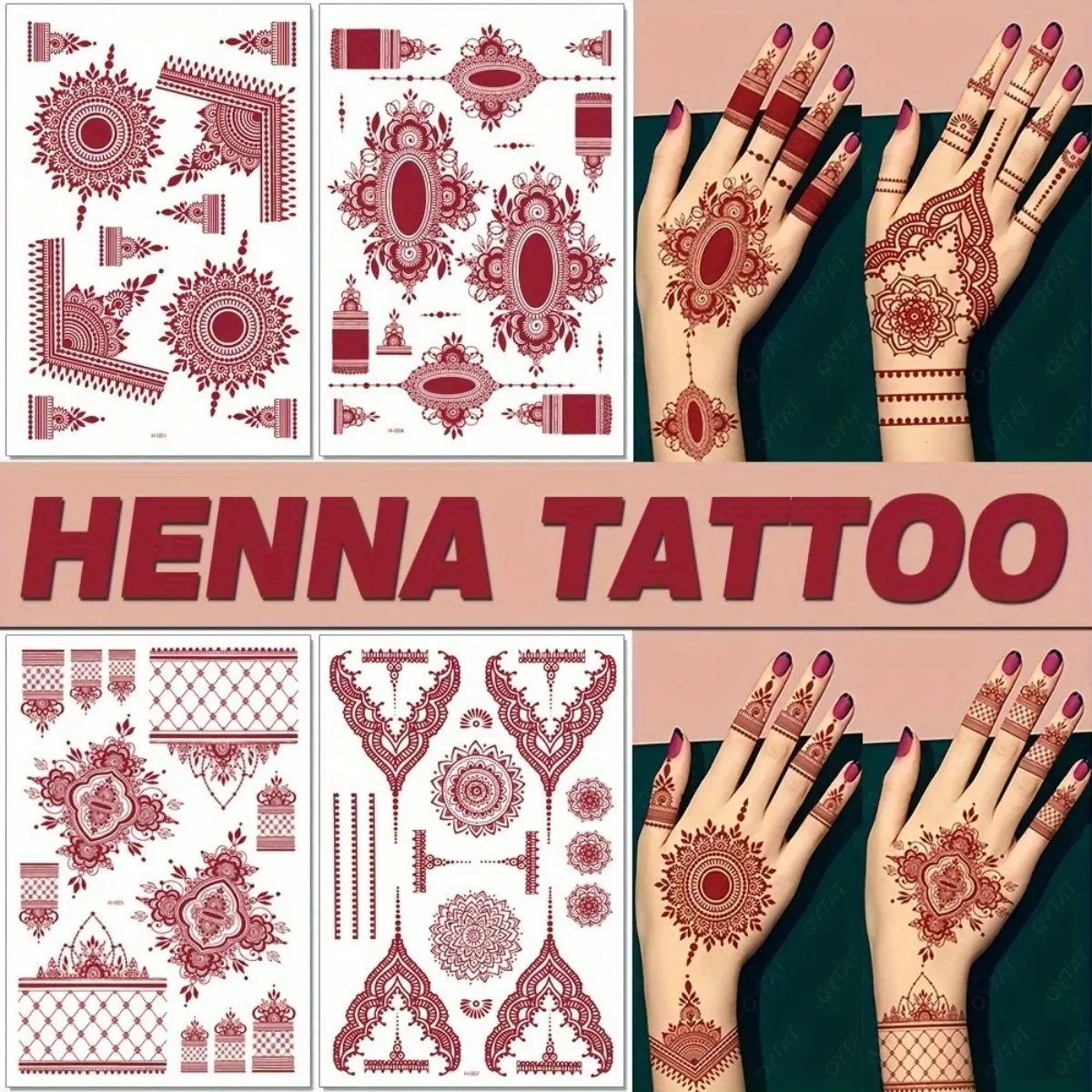 Tatu Inai, Gaya Baru, Renda Merah, Pelekat Tatu Maroon, Kalis Air, Reka Bentuk Mehndi India, Tatu Sementara, Untuk Wanita, Tatu Jari dan Tangan