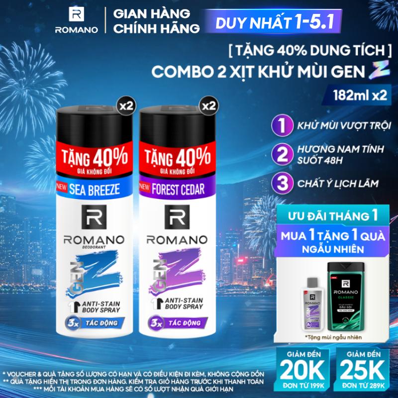 DUY NHẤT 1-5.1 HÀNG TĂNG DUNG TÍCH Combo 2 Xịt Khử Mùi Dưỡng Body Gen Z Romano Forest Cedar Sea Breeze 196ml