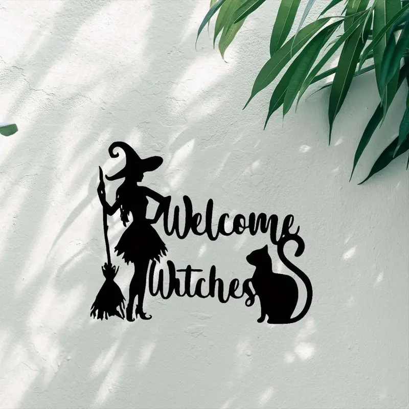 Halloween Themed Wall Art Decor, Witch & Cat & Broomstick Welcome Sign, Festive Hanging Home Decor & Holiday Door Plaque 8