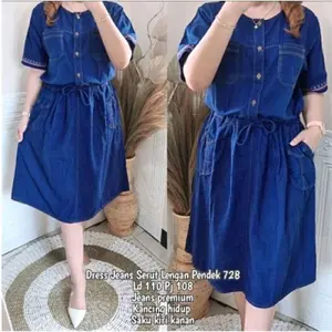 Dress Wanita Short Sleeves Denim Casual Serut Pinggang