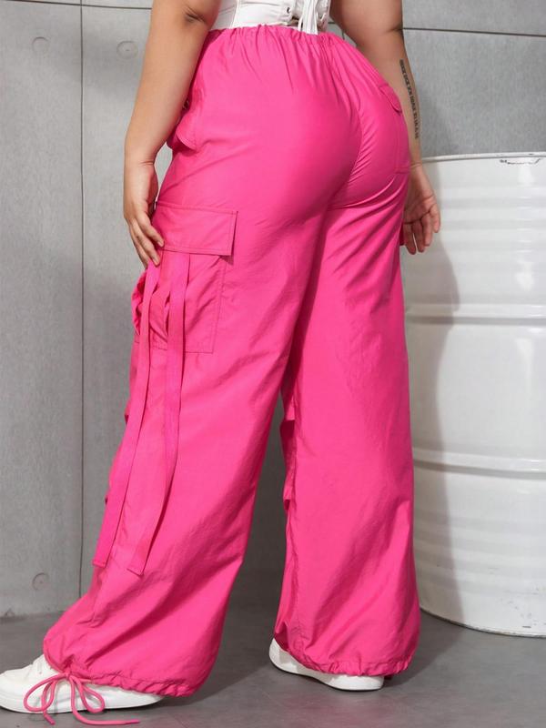 Plus Size Drawstring Waist Cargo Pants, Casual Pocket Design Loose Trousers for Women, Women's Bottoms for Spring & Fall 5