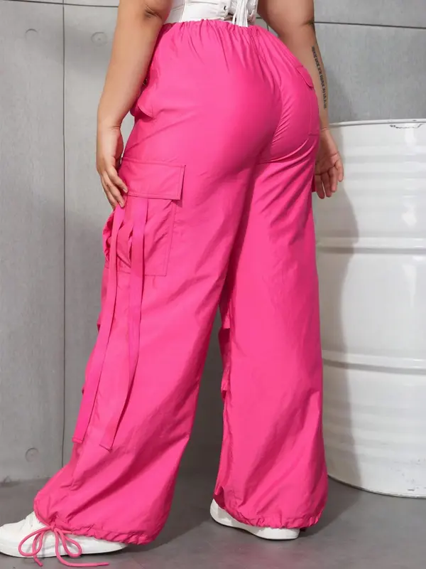 Plus Size Drawstring Waist Cargo Pants, Casual Pocket Design Loose Trousers for Women, Women's Bottoms for Spring & Fall 5