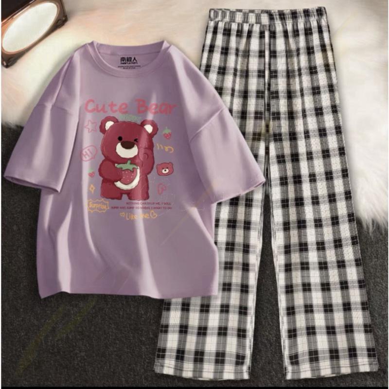 [MIỄN PHÍ SHIP]Sét Áo phông Gấu Cute bearKèm quần kẻ Karo nhiều màu, Áo thun from rộng, Chất đẹp không xù, quần suông ống rộng  DV-Erina cute 4