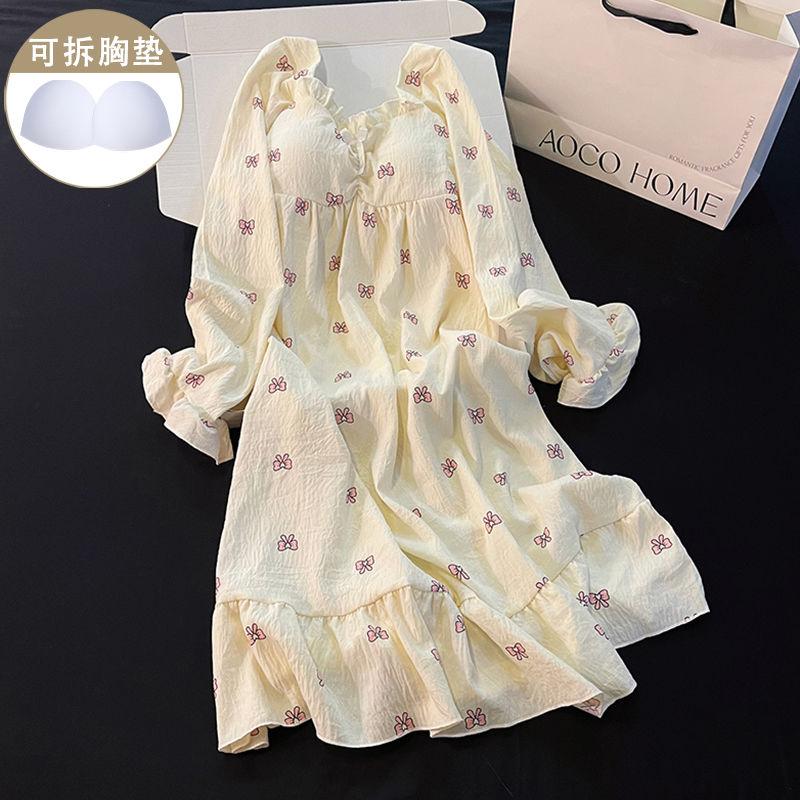 Product Introduction of Đồ Ngủ Nơ Hồng, Dành Cho Nữ, Bộ Sưu Tập Mùa Xuân Và Mùa Thu, Váy Ngủ Dài Tay, Có Đệm Ngực, Phong Cách Công Chúa Ngọt Ngào Và Dễ Thương, Dáng Rộng Vừa Vặn, Thích Hợp Mặc Nhà, Năm 2024 1