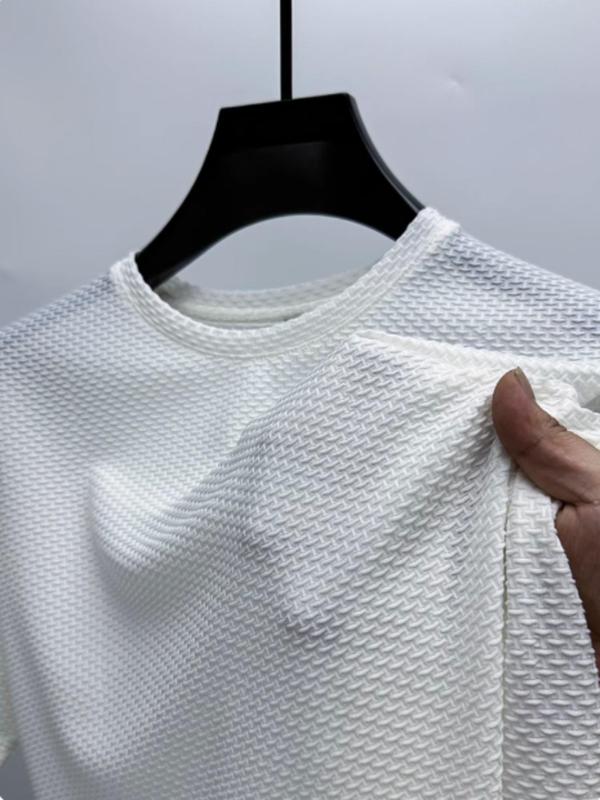 Men's Regular Fit Solid Jacquard Short Sleeve Tee, Casual Comfy Breathable T-shirt for Summer, Men's Top for Daily Wear 3