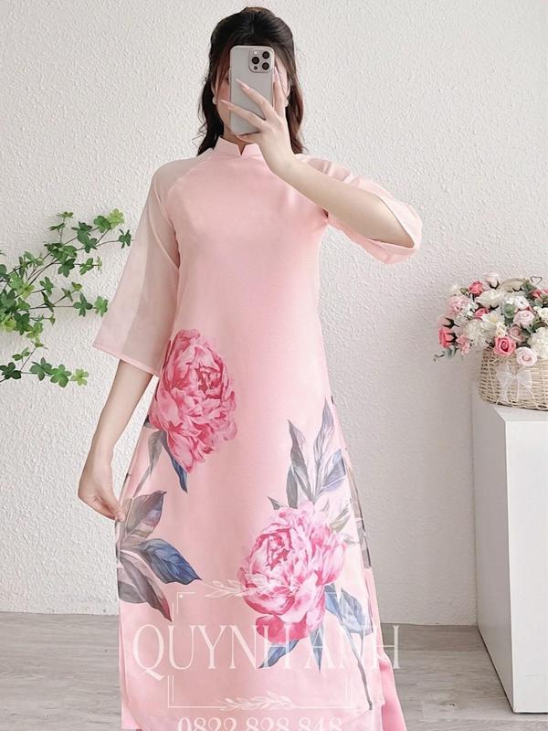 Áo dài cách tân 4 tà hồng mẫu đơn Nữ Women Nhung Dress Sen Hoa Sen 2