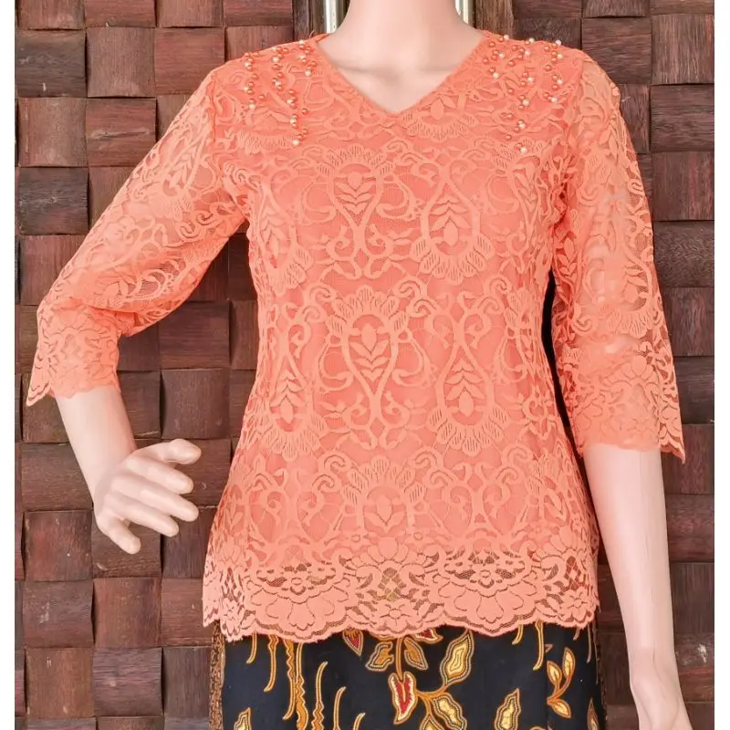 Atasan Blus Brokat Renda Premium Terbaru Ellove, Leher V Tangan Lurus, Pakai Furring Resleting Belakang. 1