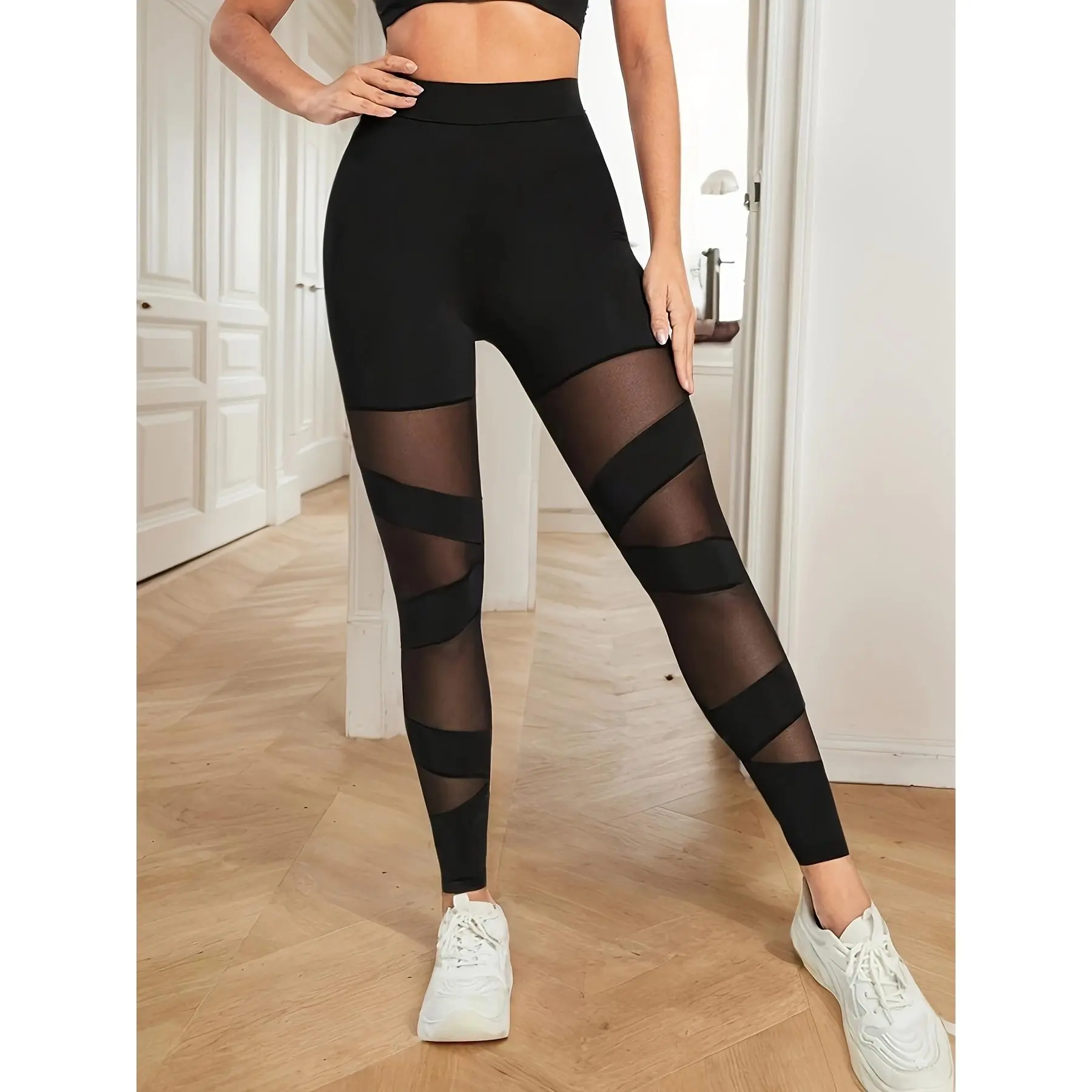 Mesh Contrast Slim Fit Sports Leggings, Stretchy Running Fitness Yoga Pants, Women's Activewear