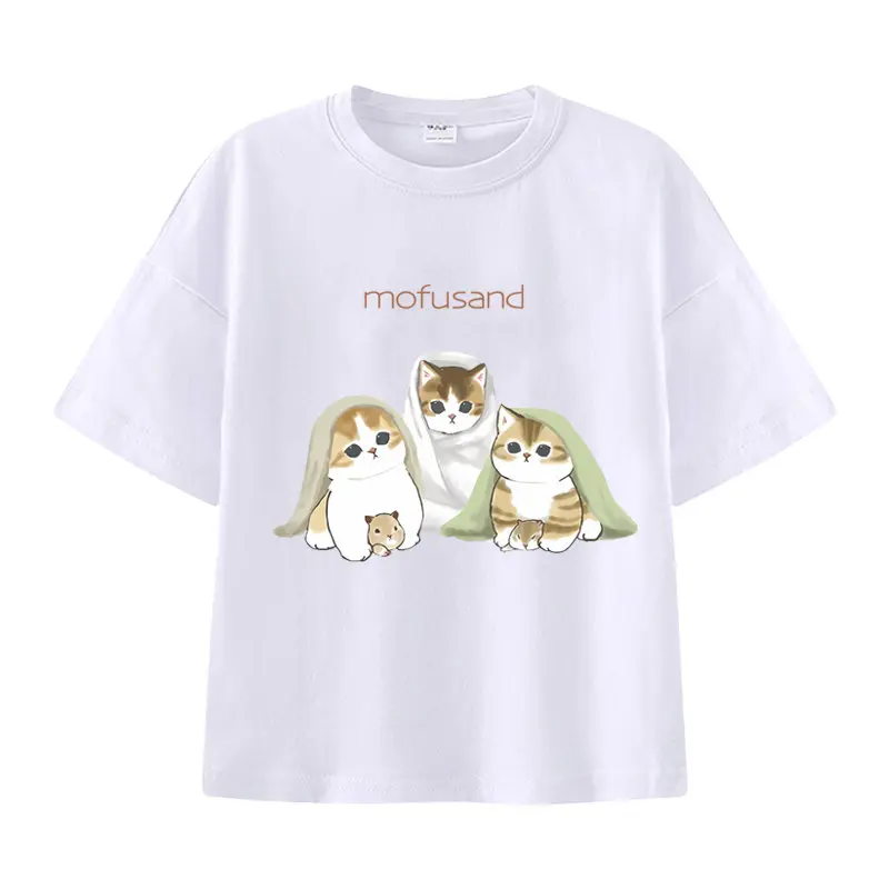 Cotton Short Sleeved T-shirt for Summer, Versatile and Loose Fit, Suitable for Both Men and Women, Half Sleeved Clothes for Medium and Large Children. Mofusand Shark Cat Parent-child Outfit